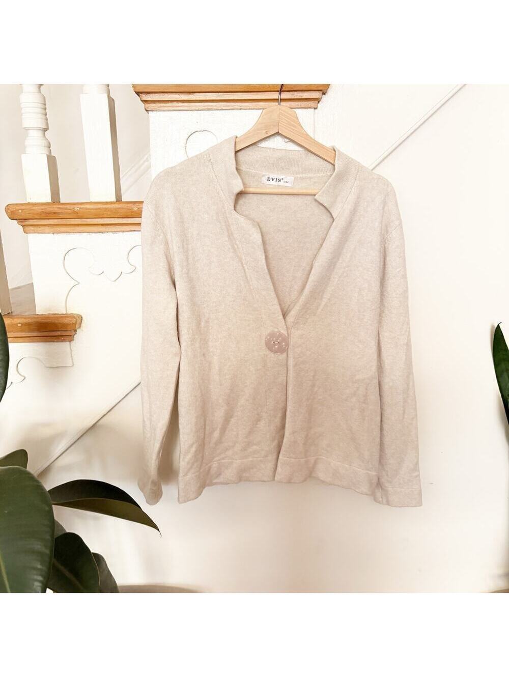 Evis Beige Lightweight Knit Cardigan Button Front Long Sleeve Sweater Size S/M